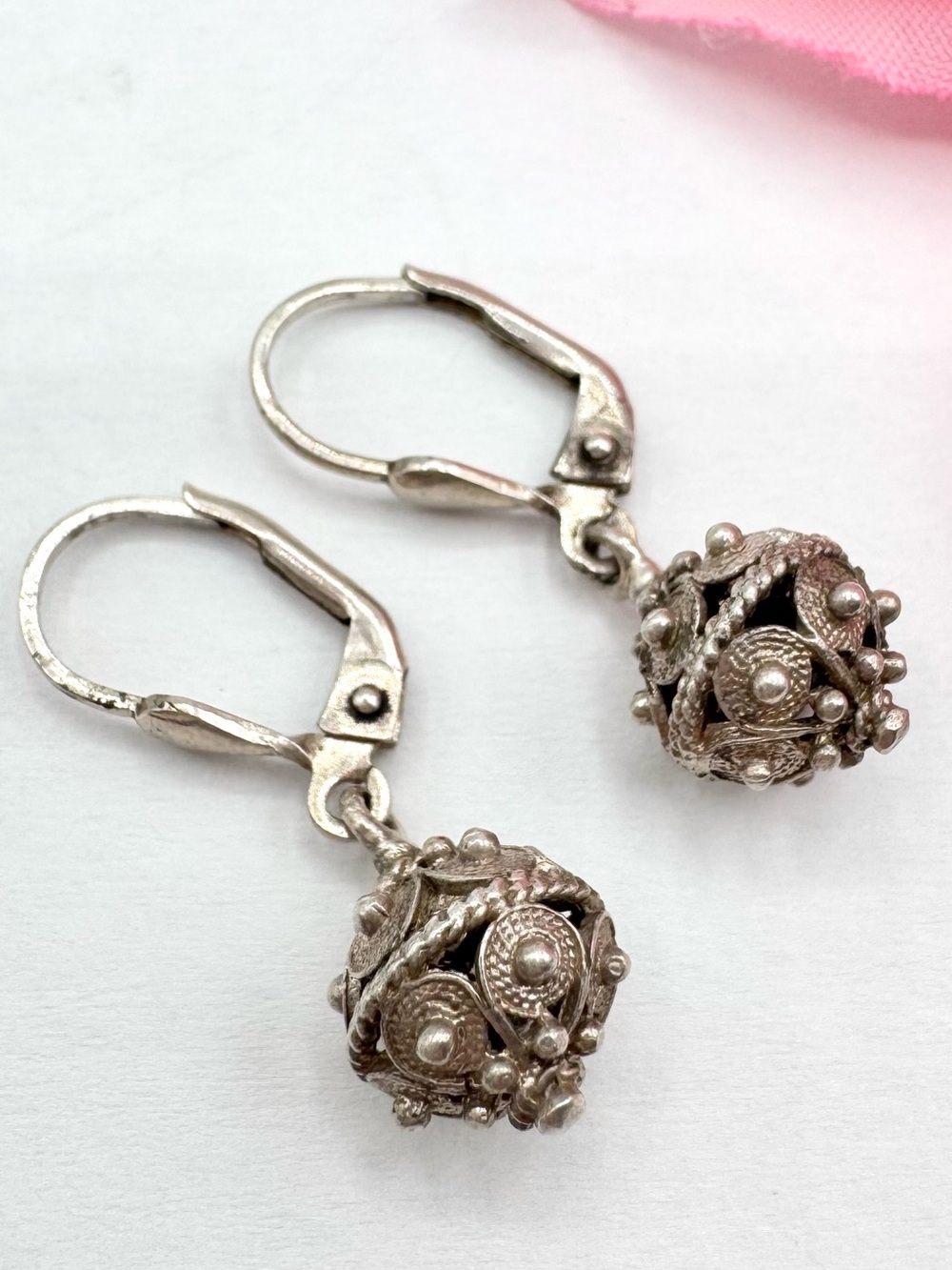 Vintage Ethnic Filigree Silver Ball Drop Earrings Leverback Acid Tested 2.76 g
